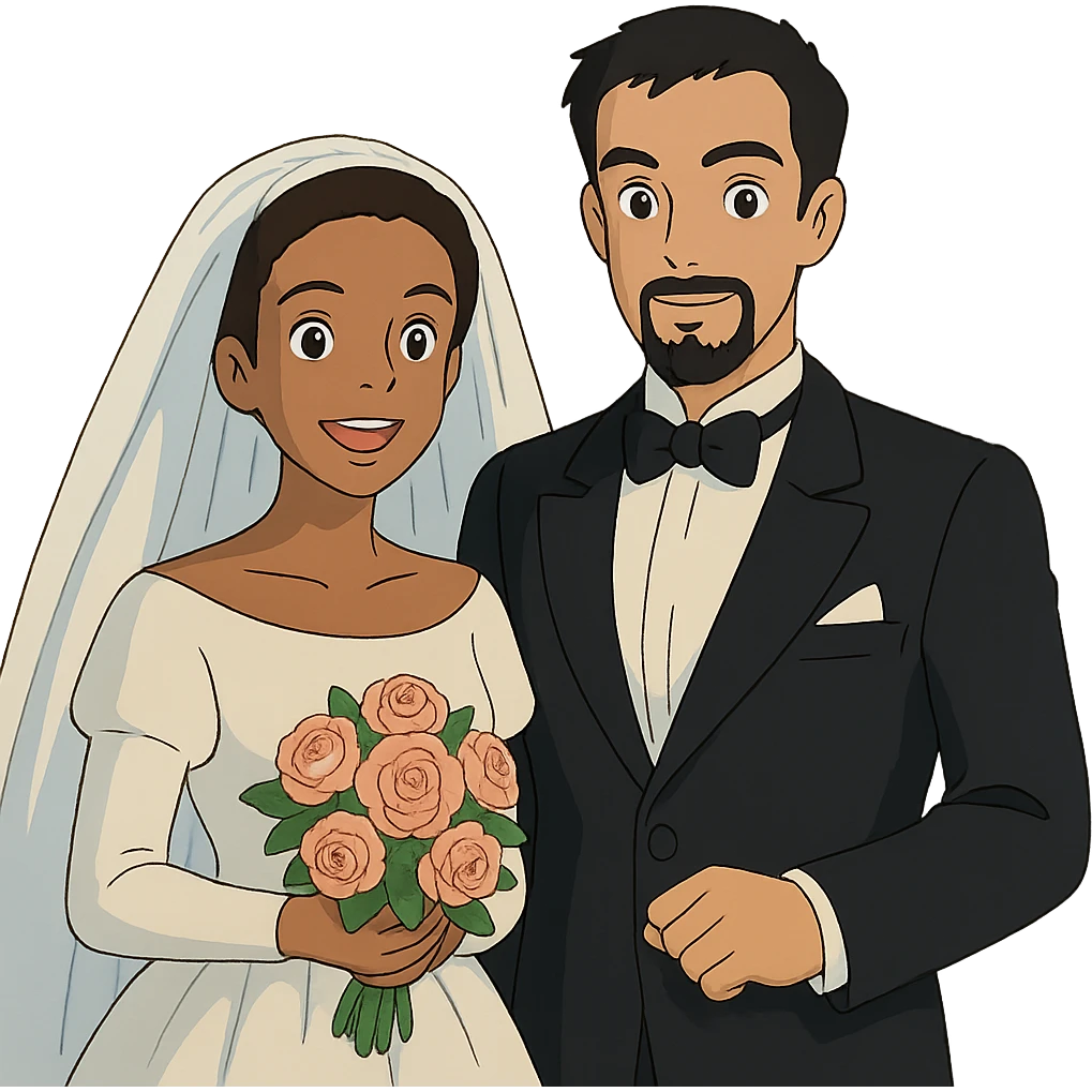 ghibli style light-skinned African American bride and light-skinned groom with black goatee in a tuxedo emoji