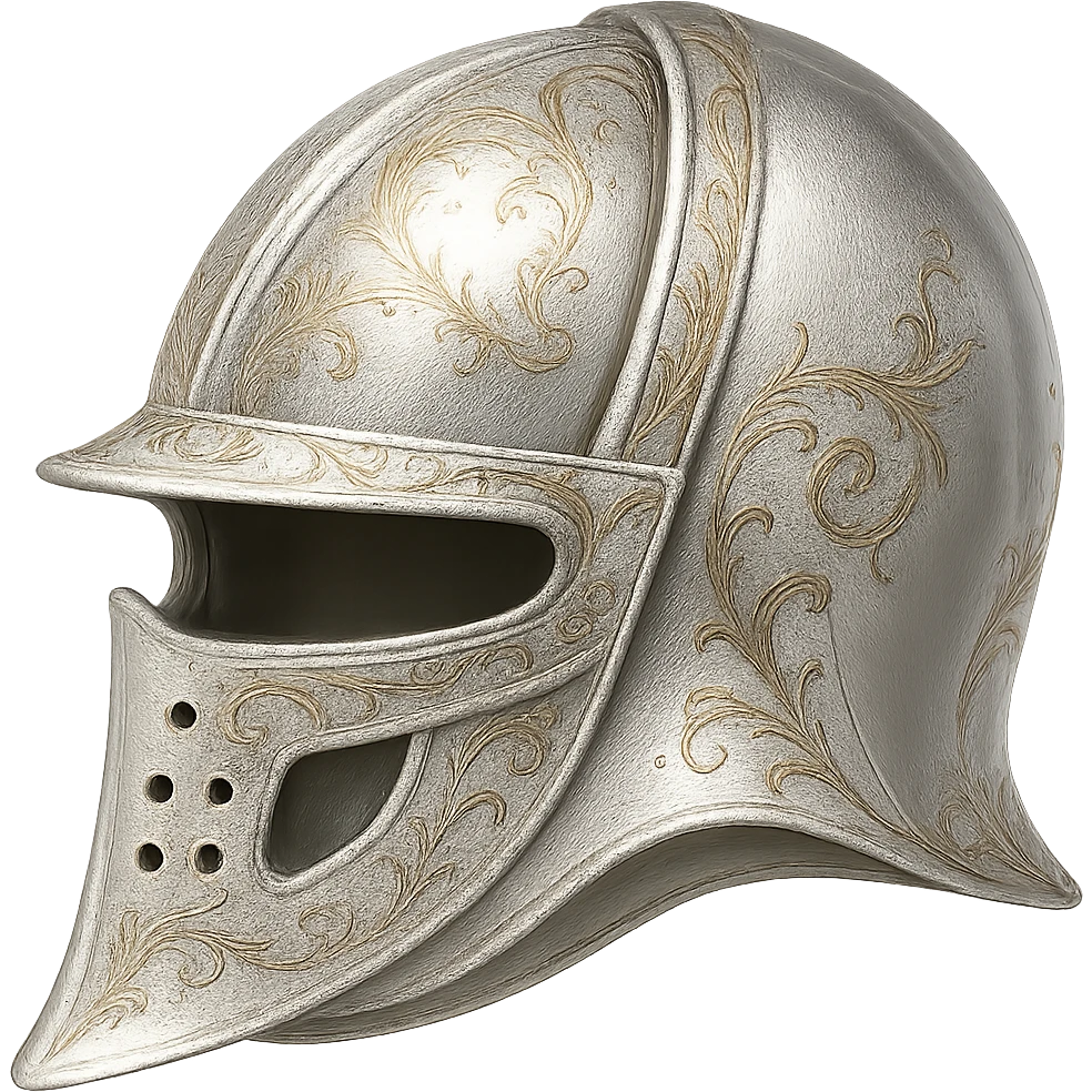 Recolor this helmet to a very light metallic silver color with ornate gold engravings. Emphasize a bright, reflective silver finish and detailed gold engravings. Transparent background. emoji