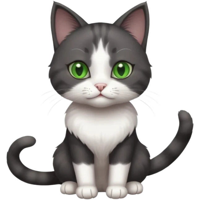 beautiful female solid dark grey cat with green eyes, white toes/paws and white patch on her chest playing emoji