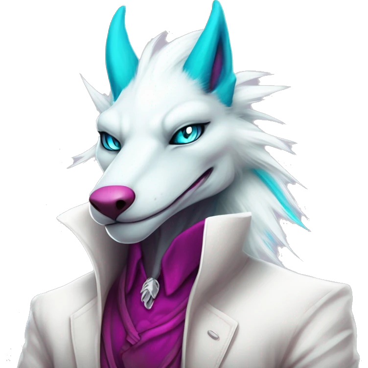 White elegant beautiful natural cute badass epic anthro modern albino sergal-vernid-Fakémon with cyan mane and magenta eyes with cyan edgy stripes, anthropomorphic, two-legged, digitigrade, full body emoji
