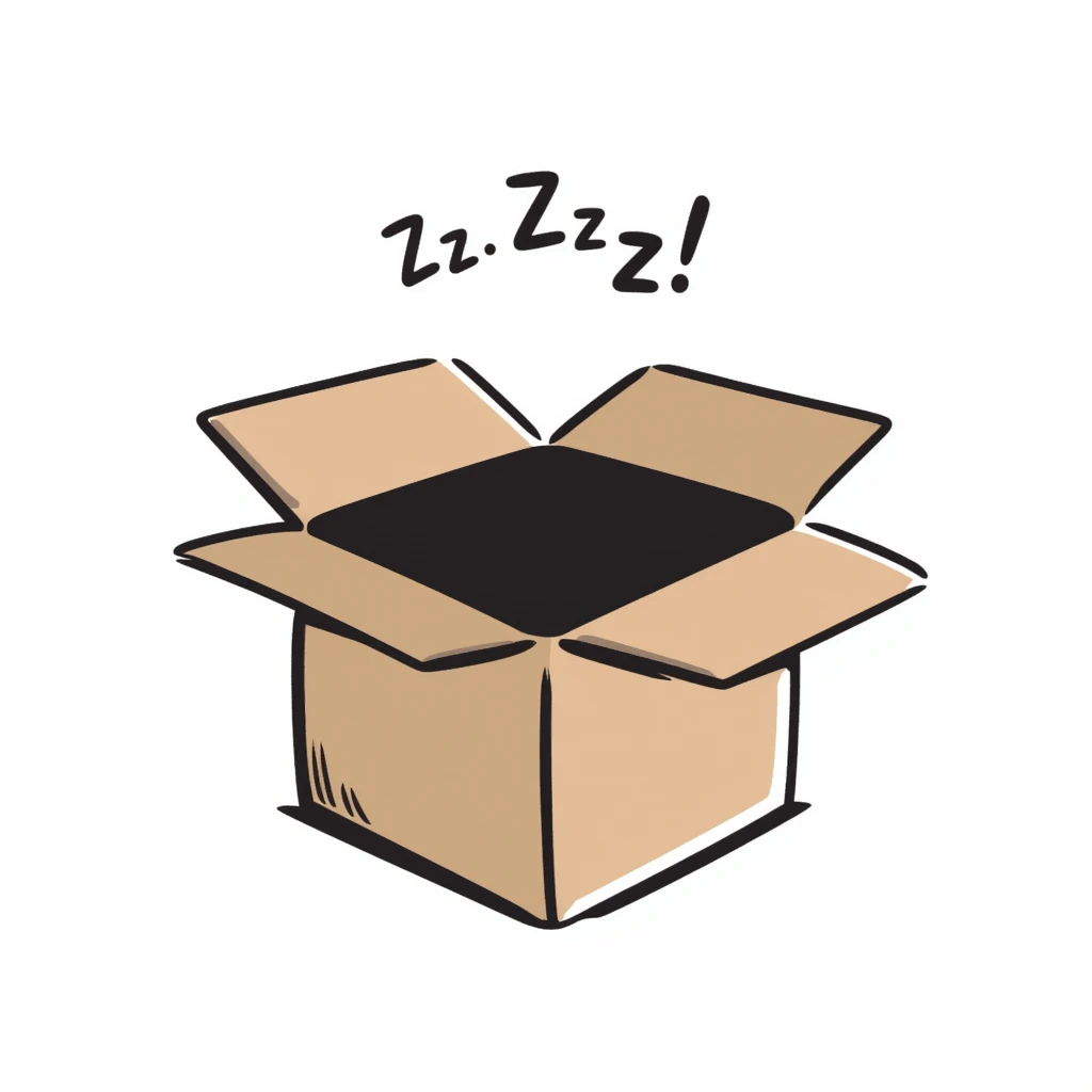 emoji of sleeping box, box is brown colored, open and empty, with a tiny Zzz bubble emoji