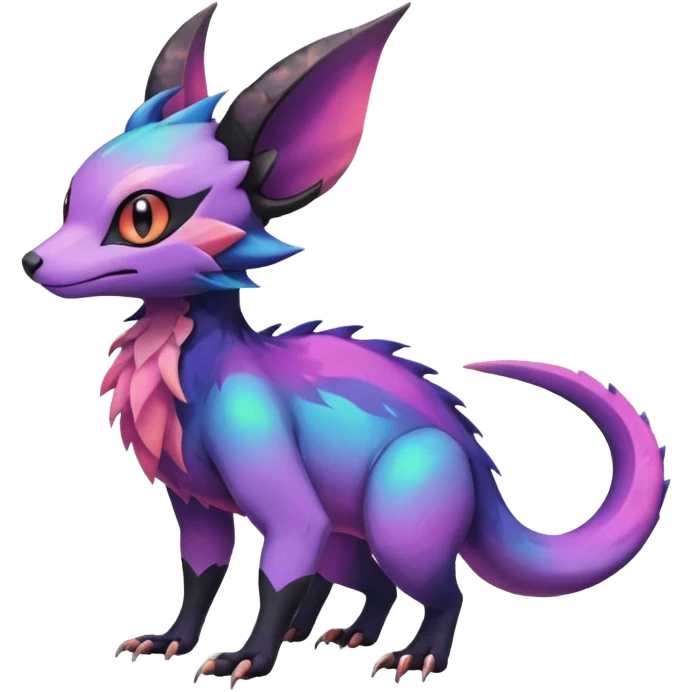 Rare epic aesthetic colorful Noivern-Salandit-Noibat-Eevee-Civet-species-Fakemon-hybrid-creature, with markings, full body emoji