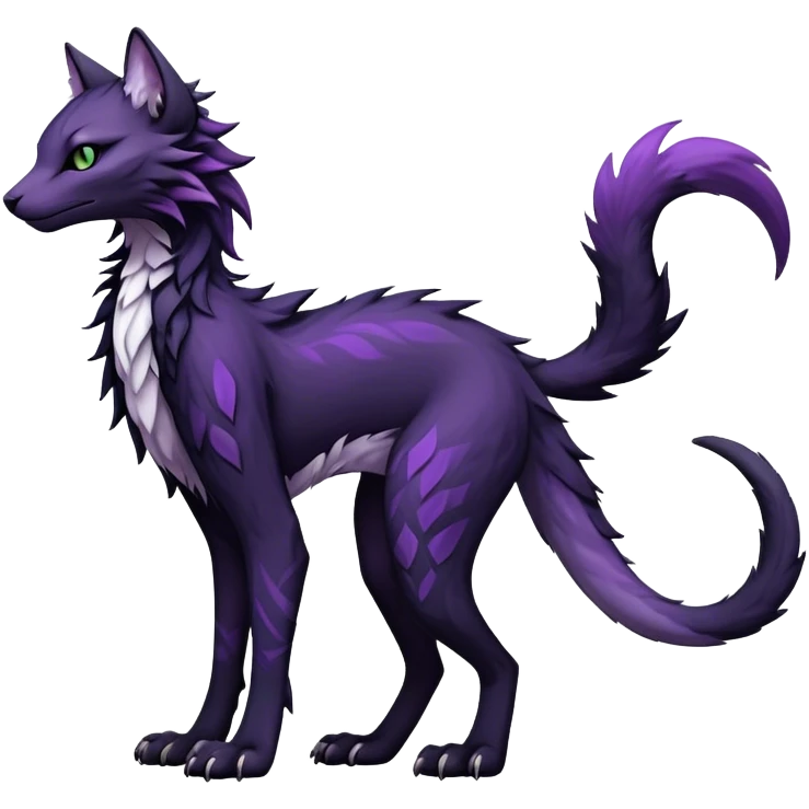 Kawaii dark black purplish blackish edgy fantasy ethereal feline-vernid-sergal-fursona animal creature with a tufted tail full body with intricate markings  emoji