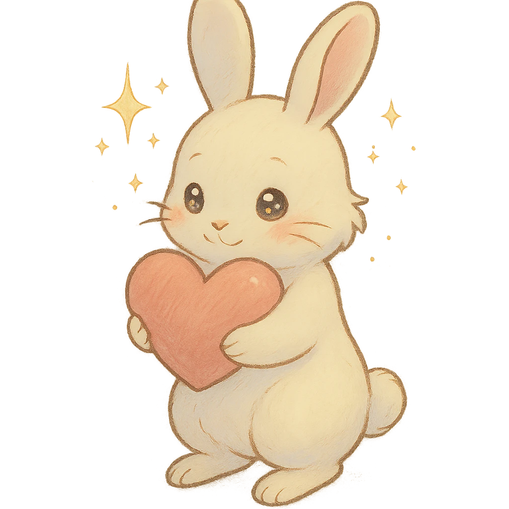 full-body milky white bunny with sparkling eyes, holding a big heart, sparkles floating around, dreamy pose, soft pastel colors, ghibli style emoji