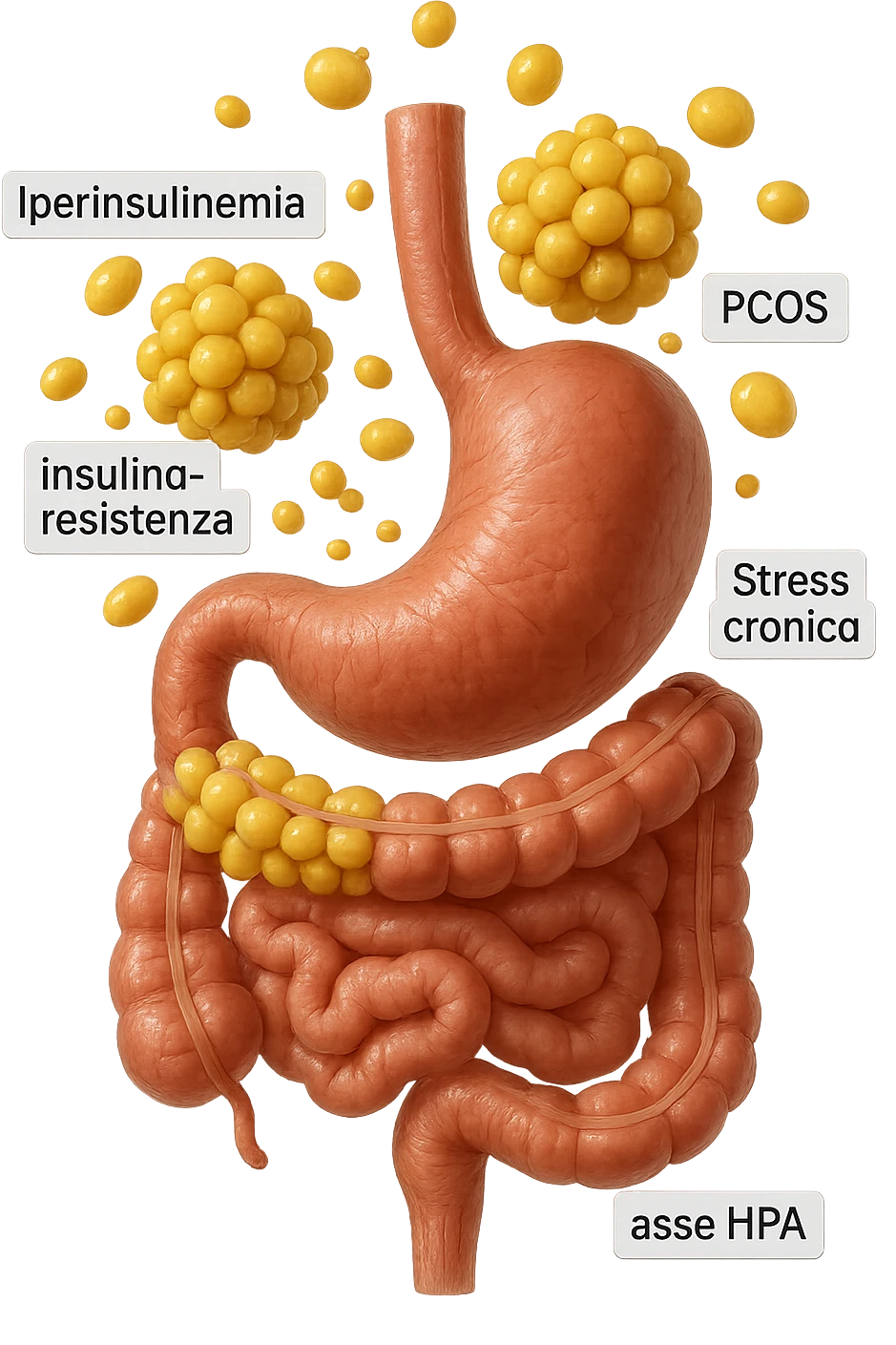 STOMACO E INTESTINO SONO VERTICALMENTE COLLEGATI E INTORNO A QUESTI ORGANI CI SONO CELLULE DI GRASSO GIALLE ATTACCATE SOPRA A GRAPPOLI, intorno fluttuano cellule di grasso giallo e alcune targhette con queste parole "Iperinsulinemia", "insulino-resistenza", "PCOS", "Stress cronico", "asse HPA", IPERREALISTICO 4K emoji