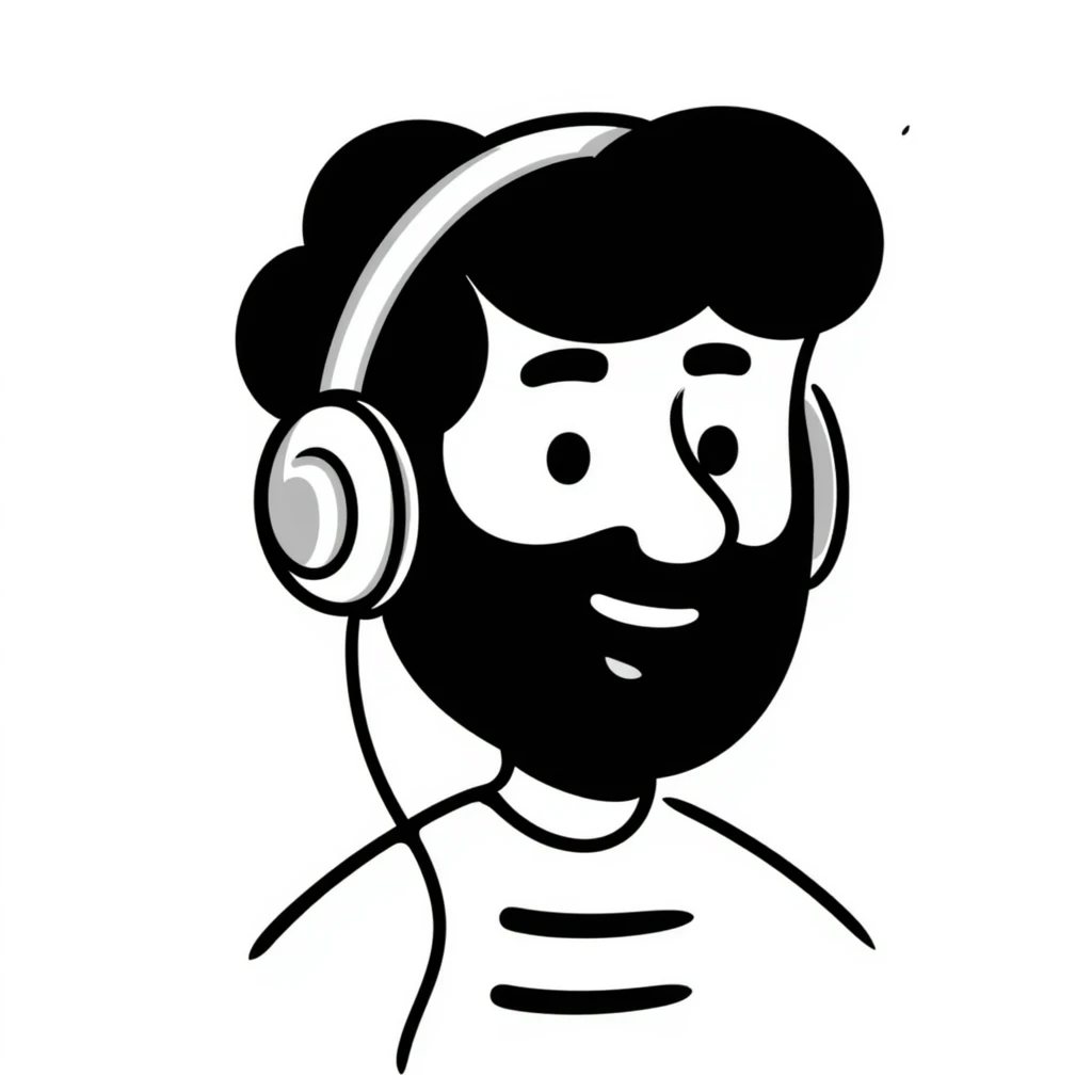 A person with black hair, brown eyes, black beard wearing gaming headphones, saying "Bonjour!" emoji
