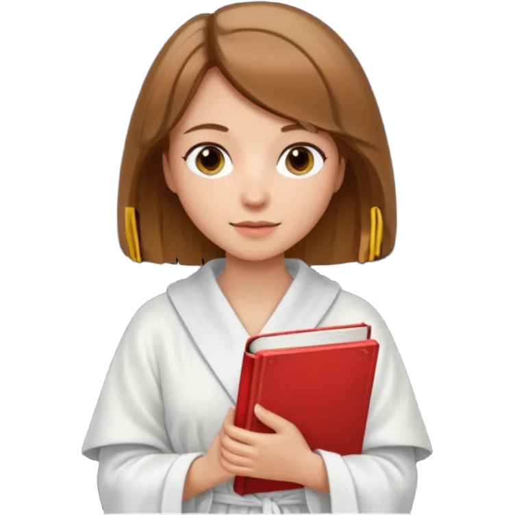 Девушка с короткими волосами до плеч русого цвета, у неё белый халат, в руках она держит книгу emoji
