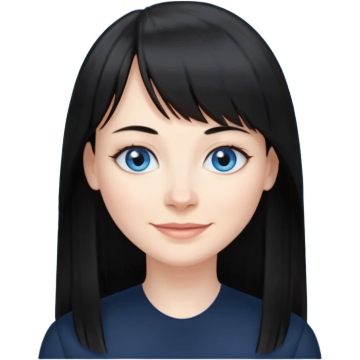 40 yr old woman long straight black hair, pale skin, blue eyes, black clothes, small smile, bangs emoji
