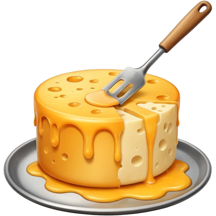 a half vertical  wheel of cheese being scraped with a metal spatula, melted cheese flowing, warm golden colors, modern emoji style, clean outlines, transparent background emoji
