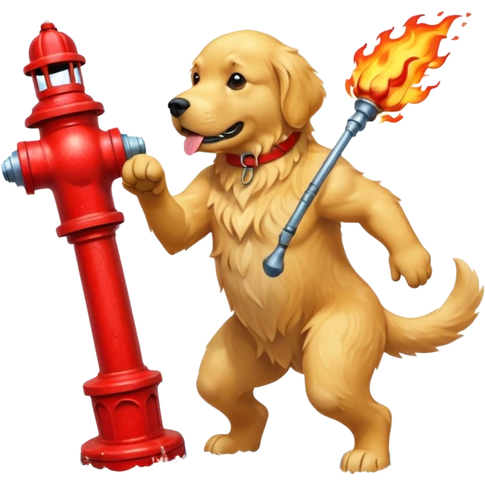 A rock creature gets into a fight with a fish that has grown human legs and arms while they are fighting. A dog stands with a fire hydrant. emoji
