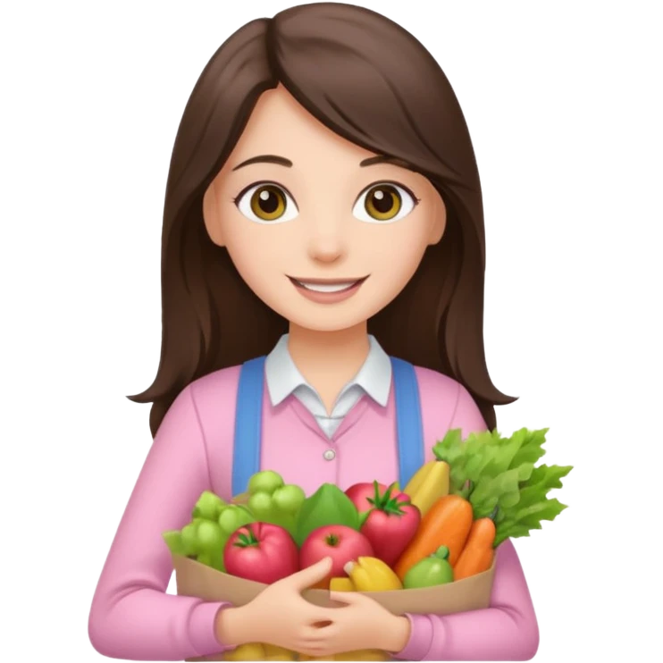 pretty smiling long brunette hair girl hazel eyes wearing light pink clothes holding groceries emoji