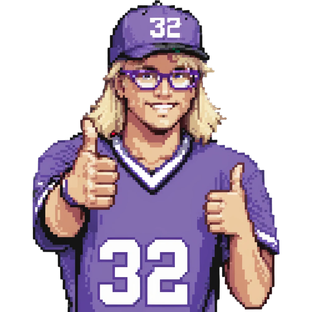 Man with black and white cap, purple sports jersey with number 32, clear glasses, light blond mullet hairstyle, thumbs up gesture emoji