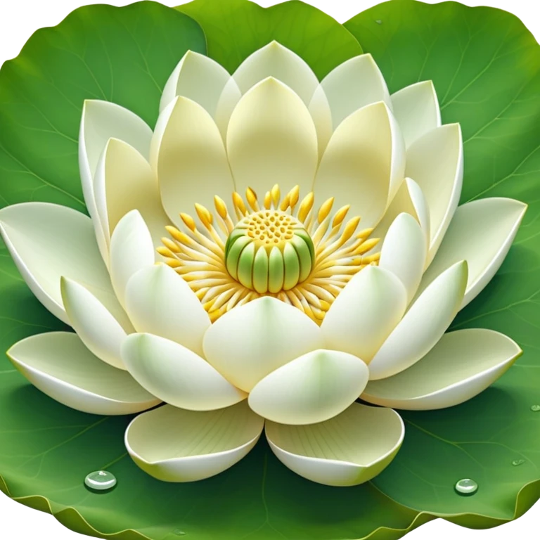 Pure white lotus flower with botanically accurate yellow seedpod center with distinct holes pattern, surrounded by pristine white petals and floating on a green notched lotus leaf emoji