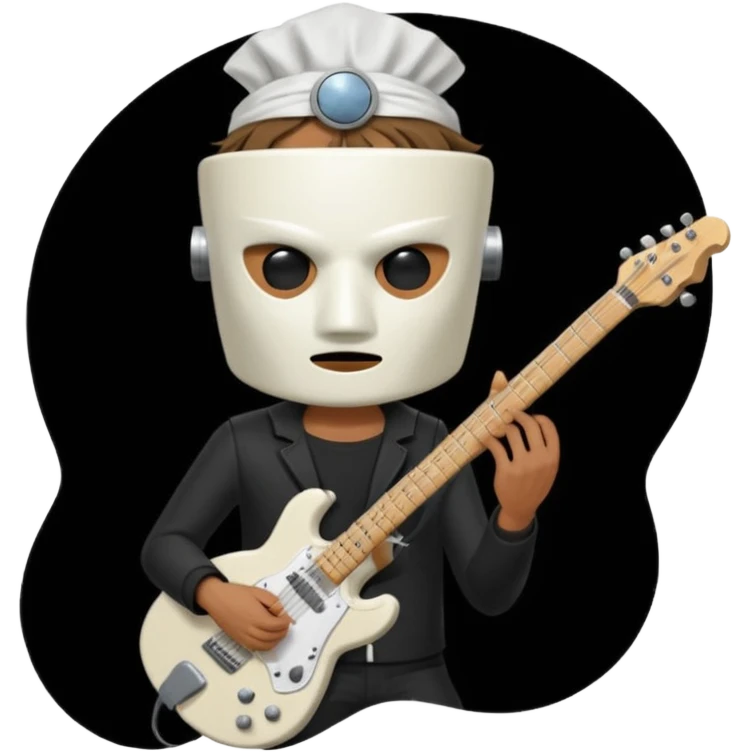 A quirky emoji-style character of a guitarist wearing a white bucket on his head, with two eye holes, a blank expression, and a small theatrical mask on the bucket. He’s holding an electric guitar, dressed in a simple black outfit, giving off a mysterious but playful rock legend vibe. emoji