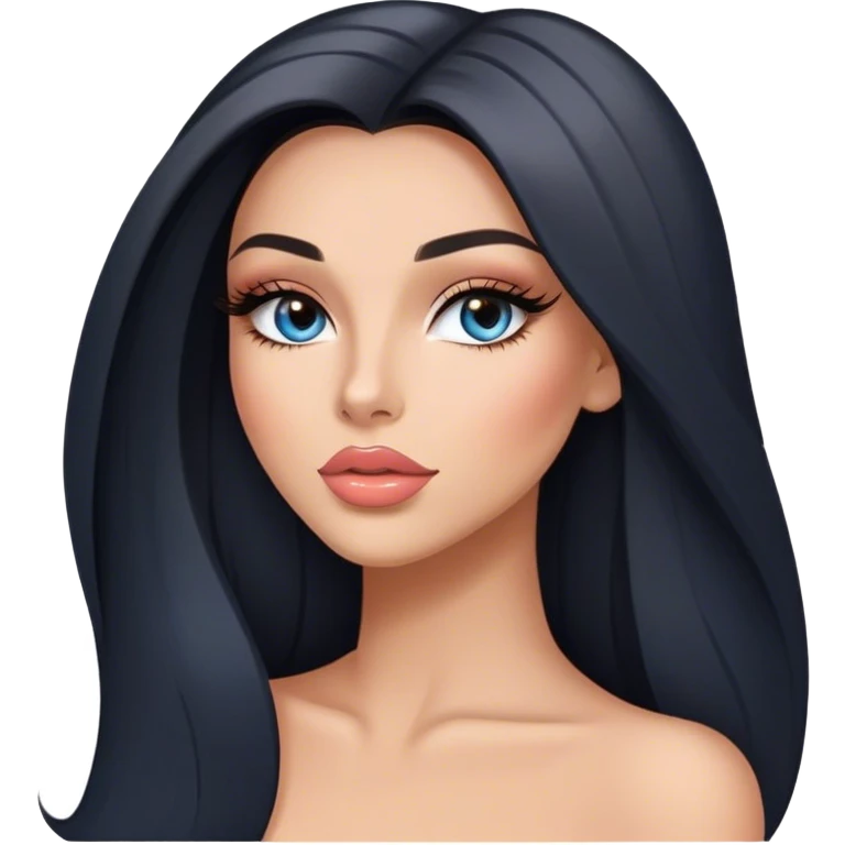 Glamours, tanned, very beautiful girl, with big pump peach-beige-rose lips, long long lashes, black straight smooth silky long hair, straight parting hair, blue-grey eyes emoji