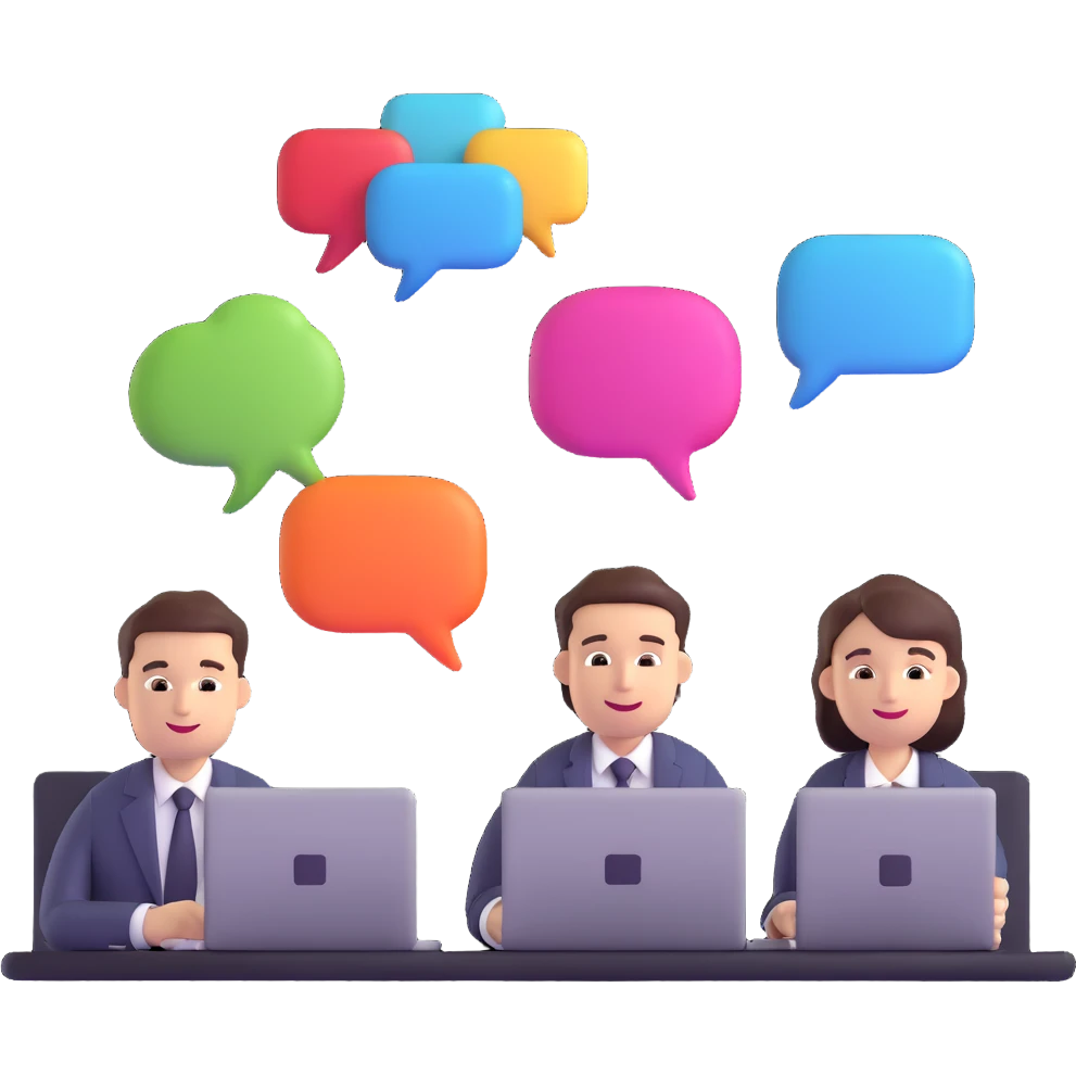 business managers in a virtual meeting, with laptops and chat bubbles emoji