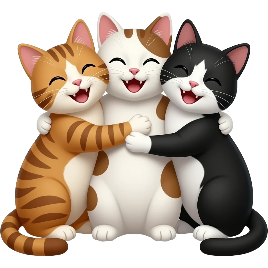 three cats (one brown, one white and other black and white) hugging each other very happily emoji