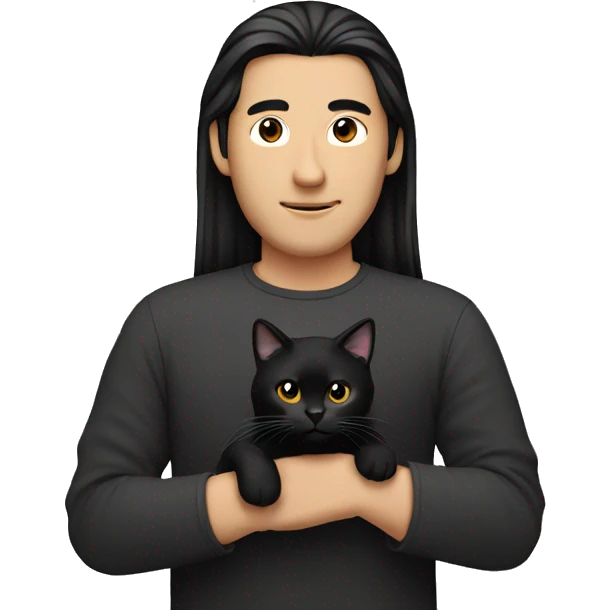 Long hair Asian man holding black cat emoji