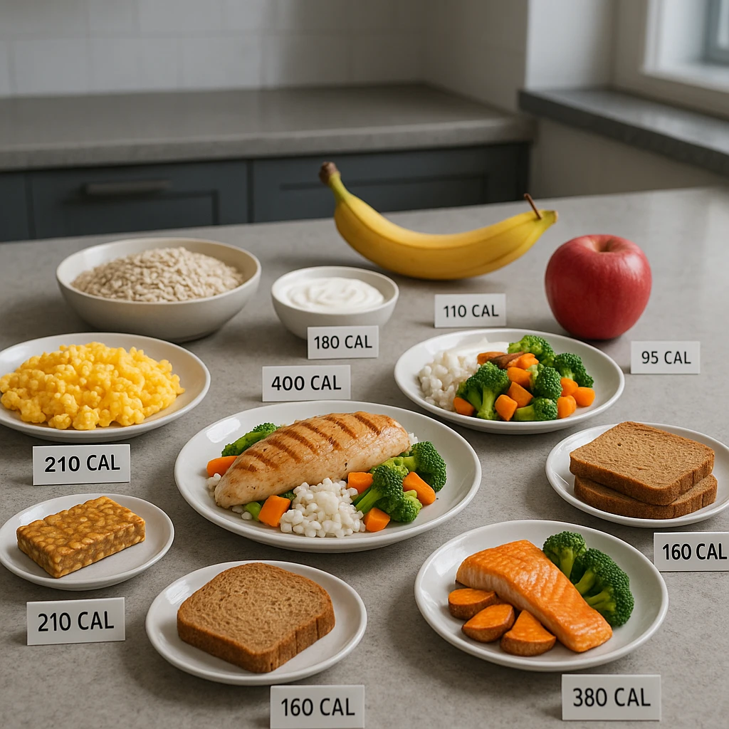 Hyperrealistic 4K table with separate plates representing a 2000 calorie diet for a muscular man: scrambled eggs, oatmeal flakes, banana, Greek yogurt with almonds, chicken breast with rice and vegetables, apple, whole wheat bread, protein bar, salmon with sweet potatoes, broccoli, and kiwi. Each plate has a small label with calories. Modern kitchen atmosphere, realistic portions. emoji