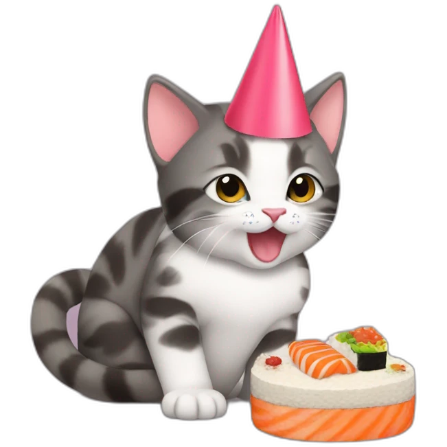 kitten eating sushi cake with a party hat on emoji