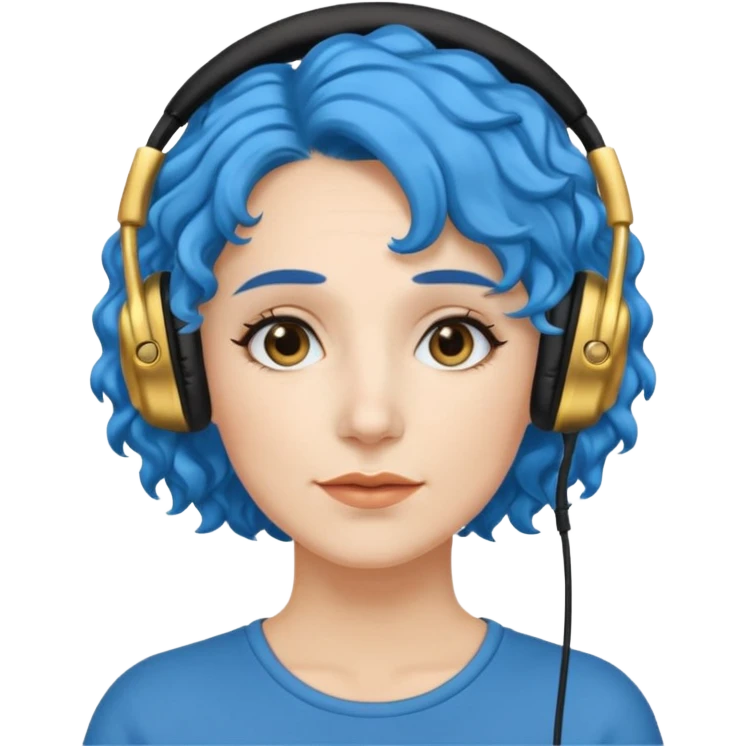 blue haired earringed heaphone wearing middle aged woman very very curly long haired emoji