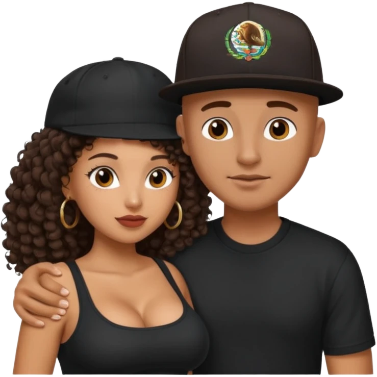 A picture of a tanned couple embracing. the guy is Mexican, with a bald hair cut and he has a SnapBack hat on. The girl is mixed, the girl is wearing a black shirt, the girl has brown curly big hair and the girl has big boobs  emoji
