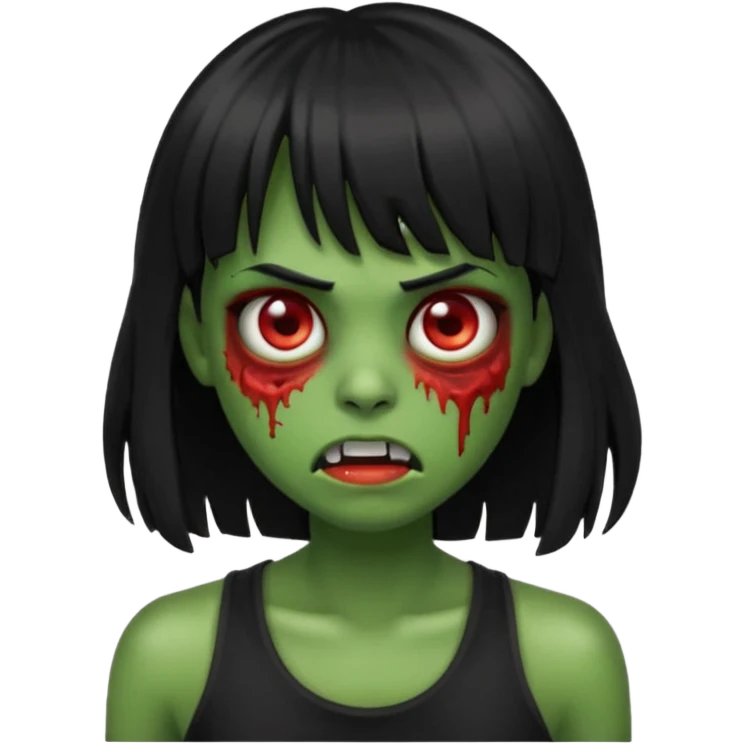 Zombie emoji with long black hair and bangs, with green skin, big red eyes, small nose, and a simple black tank top.  emoji