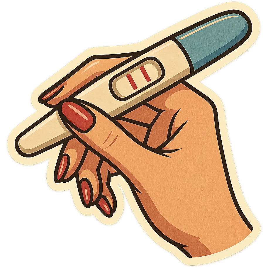 Positive pregnancy test with two lines, held in a neat feminine hand with manicure, pen style as in the second previous variant, retro stickers style, test with a blue line and two red lines, soft rounded shapes, expressive contours, vintage color palette, light paper texture, shadows and highlights, transparent background. emoji