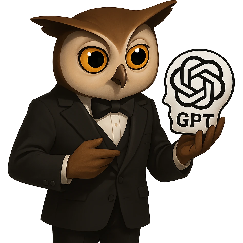 Сова в костюме держит в руках логотип GPT, будто это череп из Гамлета в духе "Быть или не быть, вот в чем вопрос", прозрачный фон emoji
