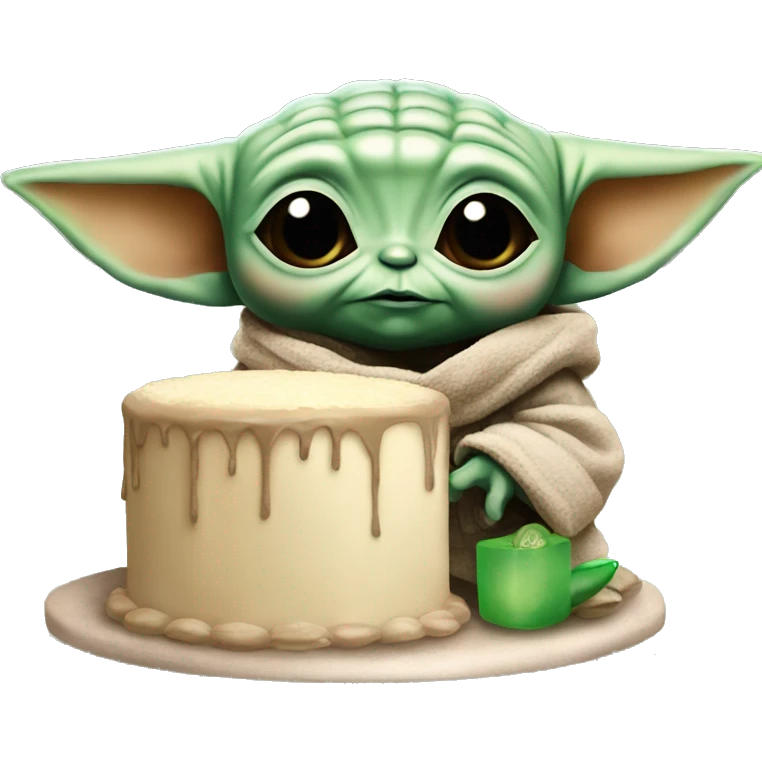 baby yoda with a cake and a balloon emoji