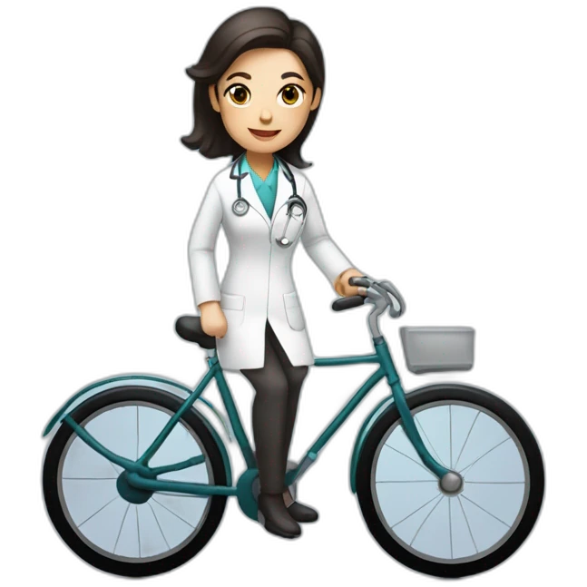long and dark hair female doctor riding a shiny bicycle emoji