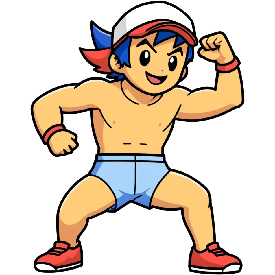 Hot handsome very muscular 6ft 5inch tall smiling happy fun shirtless Ash Ketchum dancing in tight shorts emoji
