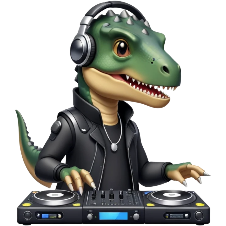 Dinosaurio muy tierno músico DJ con ropa negra futurista  emoji