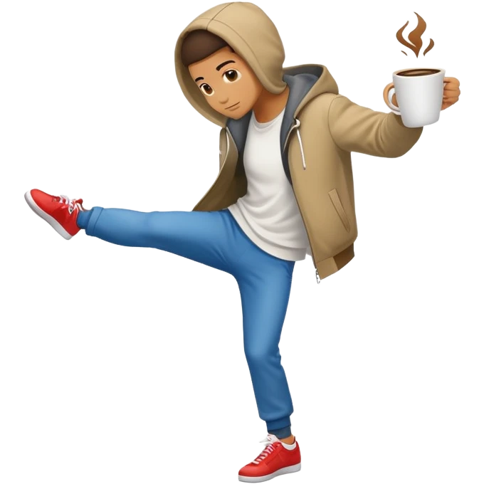 Breakdancing figure with a coffee cup for a head emoji