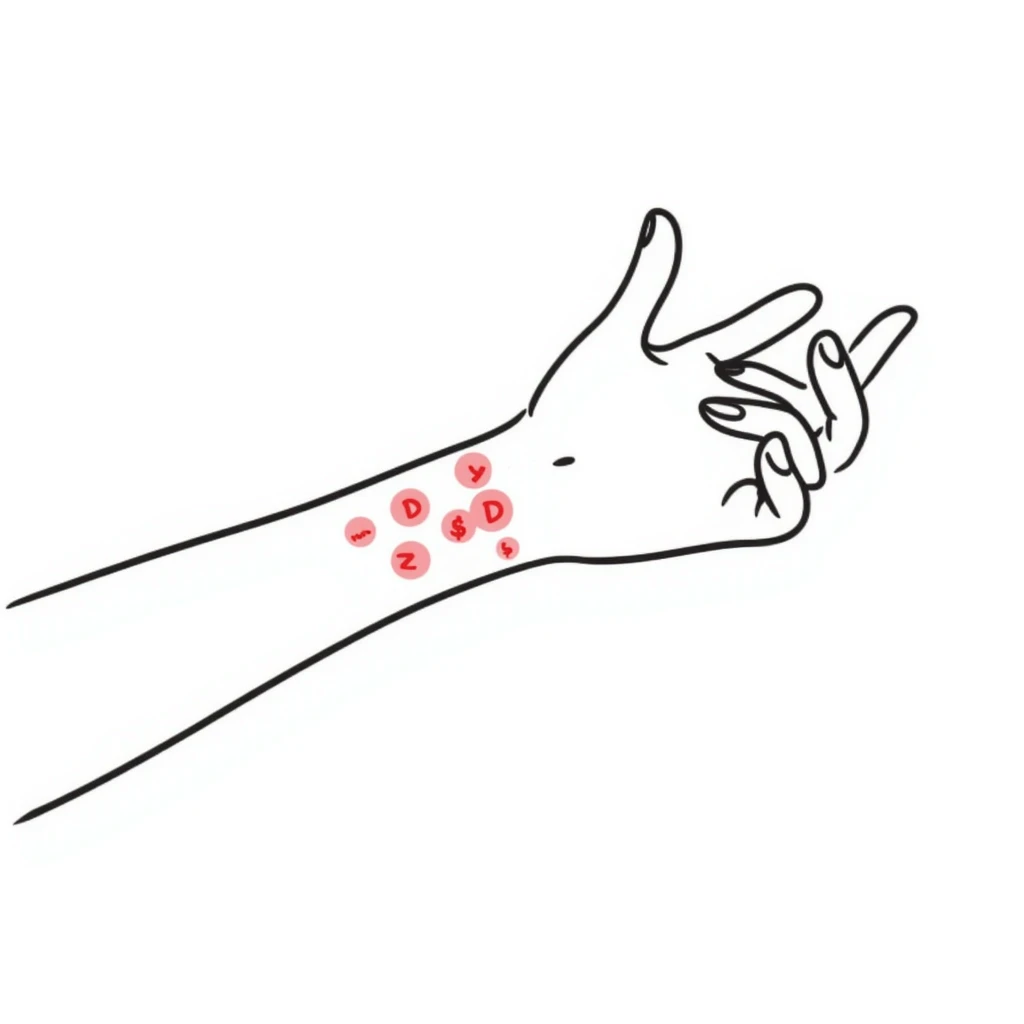 Detailed drawing of arm showing allergy skin prick test on forearm with small red welts, hand with all 5 fingers visible emoji