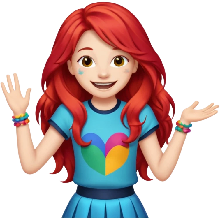 A red long hair cheerful teen singer with colorful outfit, performing with big smile.
 emoji