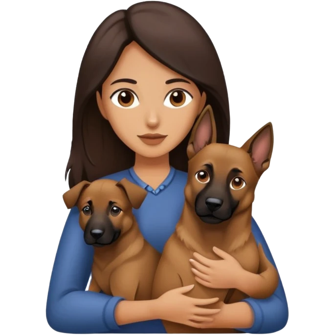 woman with long dark brown hair holding a Malinois dog in her arms emoji