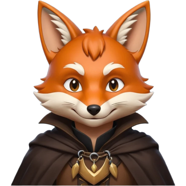 thief fox portrait, head and shoulders only, cunning grin, shadowy cloak collar, stealthy look, 3D cartoon, mobile game icon style, clean background, no text, no watermark
 emoji