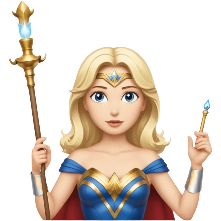 Blonde blue eyed Wonder Woman holding white orchestra conductor’s baton and bell emoji