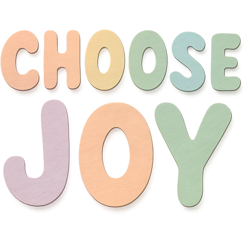 "Choose Joy" soft pastel rainbow rounded letters, cute bubble font, no frame, transparent background emoji