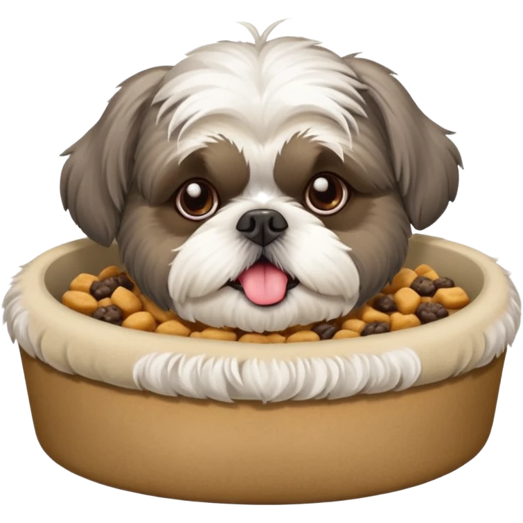 old grey shih tzu in dog bed with bowl of food tongue hanging out emoji