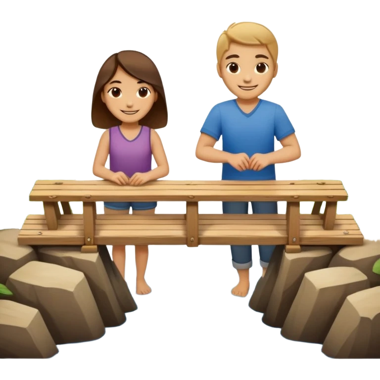 Two people working together on a small bridge, metaphor for building trust emoji