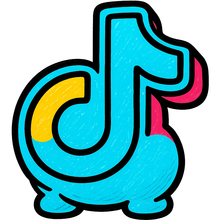chubby blue TikTok icon with thick black contours, strong shadows, shiny highlights, plump outlined dimensional style, no background, only symbol emoji
