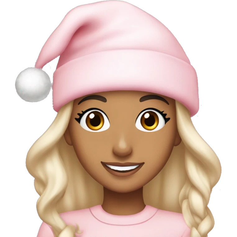 Ariana grande in a light pink christmas outfit wearing a light pink christmas hat emoji