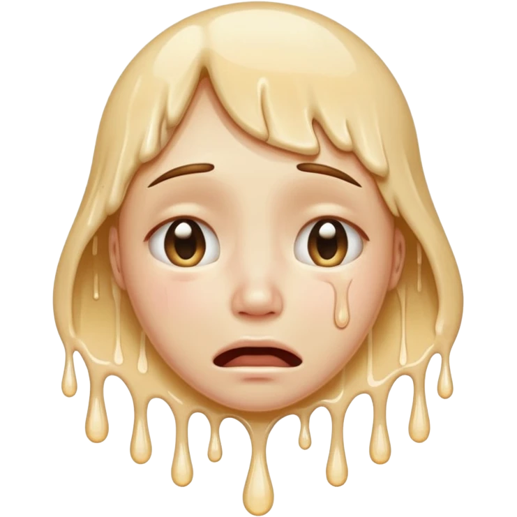 softly smiling crying face that appears to be melting downward, large glossy drip like emoji, combined with the smooth dissolving lower half similar to the melting face. ‘I’m okay :) but absolutely not okay’ emoji