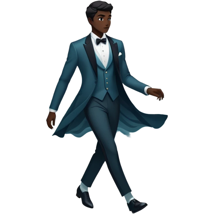 Ethereal male fashion silhouette with formal wear and subtle energy waves, floating style essence, masculine inspiration emoji