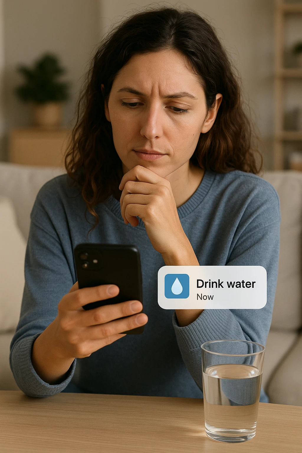 Donna che usa App per ricordarsi di bere, altrimenti non beve mai emoji