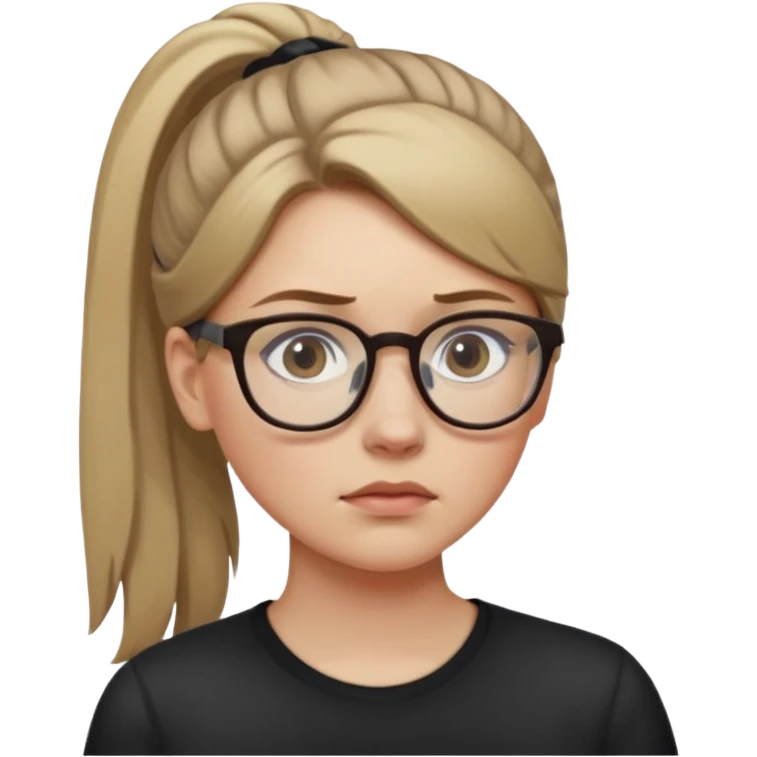 White girl with dark blonde hair in a ponytail and glasses sad emoji
