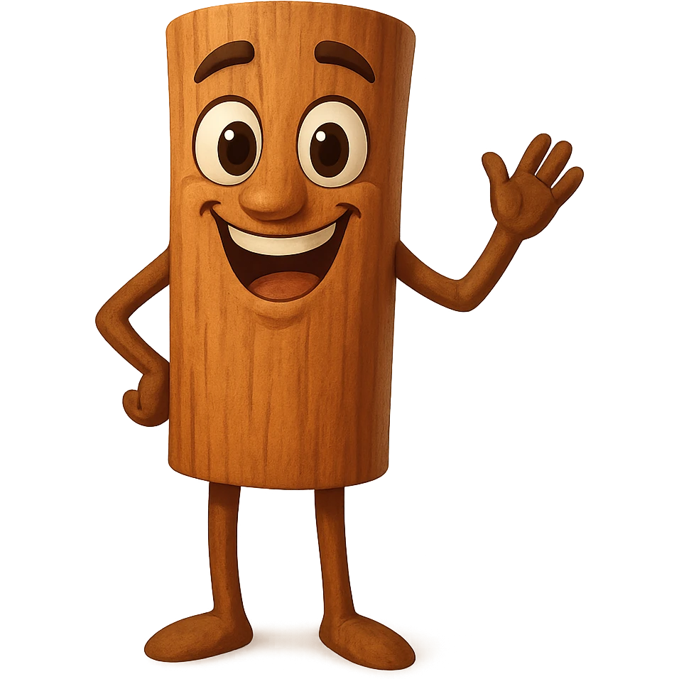 Create a happy expression for a cinnamon stick character. The character should have a joyful and cheerful face with a transparent background. emoji