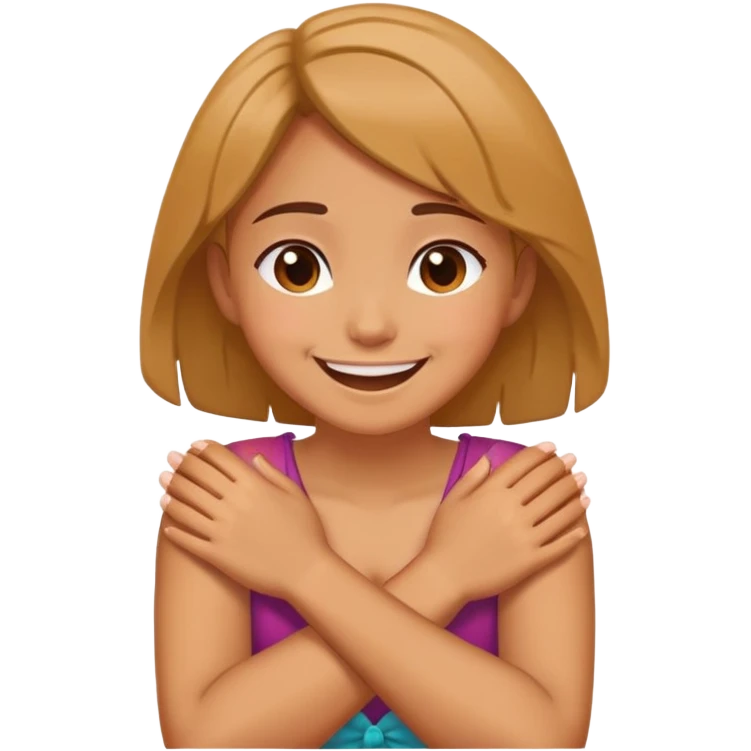A girl with his hands crossed over eachother around her neck giggling emoji